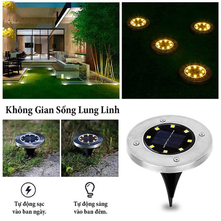 Đèn chiếu tiểu cảnh năng lượng mặt trời, Đèn trang trí sân vườn, lối đi, ban công 8 Led, chống nước IP65