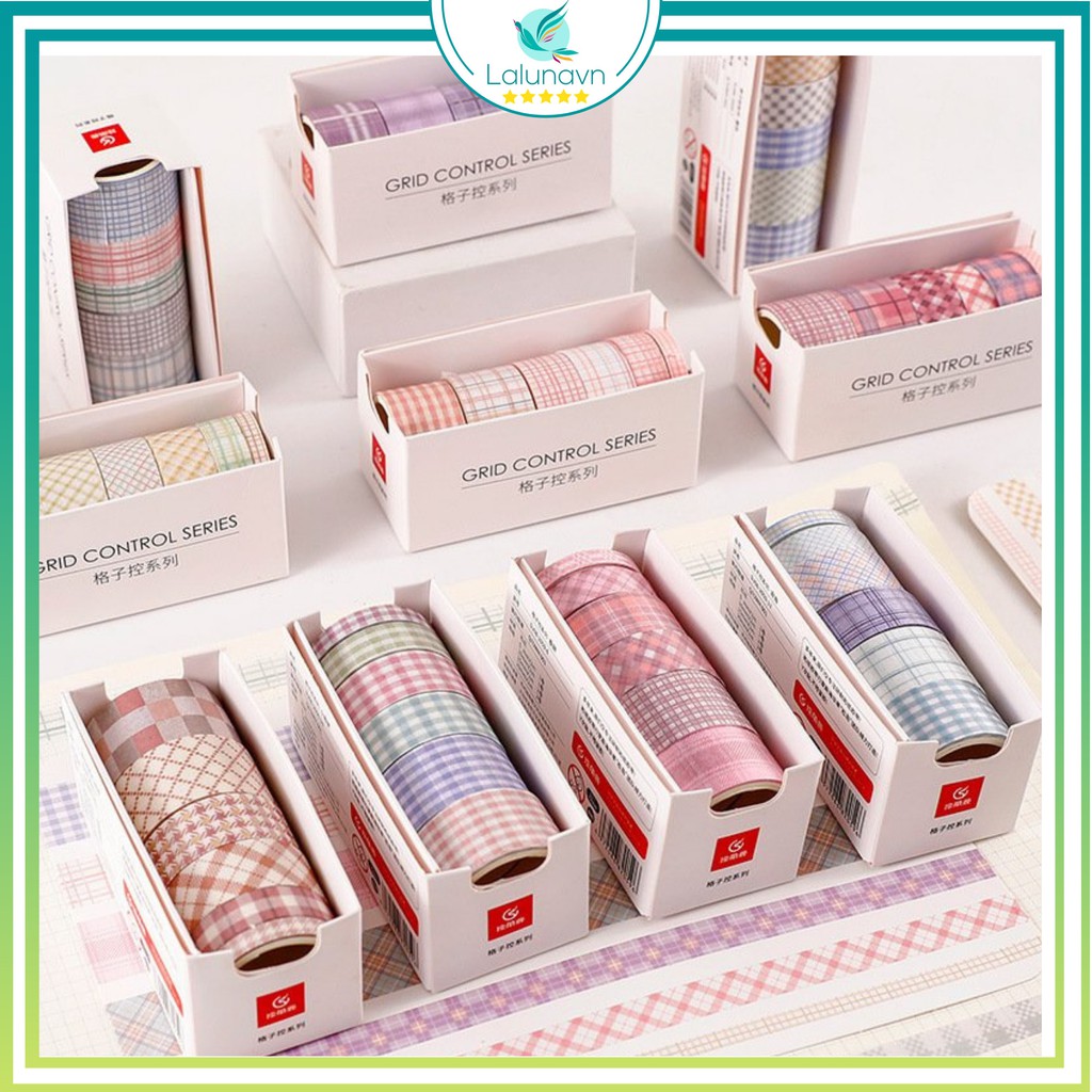 Hộp washi tape 6 cuộn vintage họa tiết kẻ caro cute xinh yêu dán sổ tay Lalunavn - A06