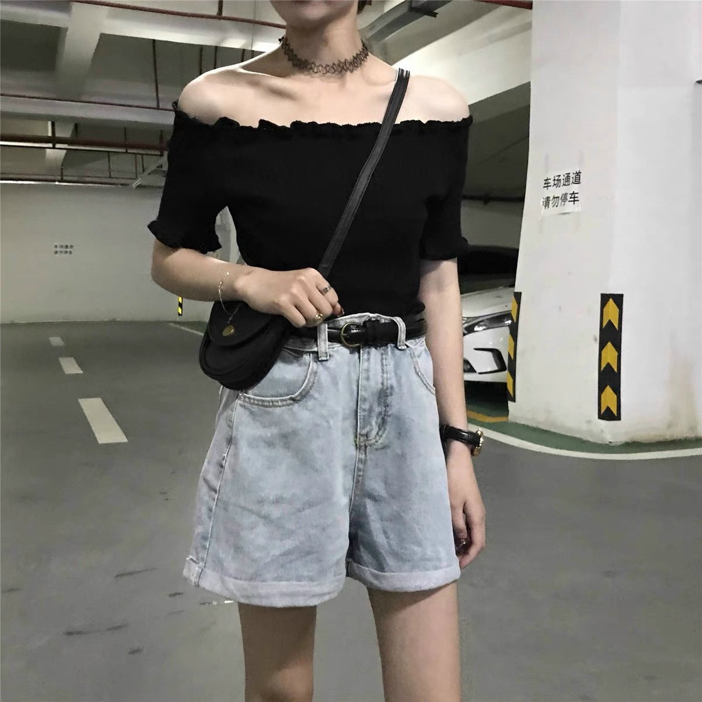 Áo chun trễ vai croptop tay ngắn