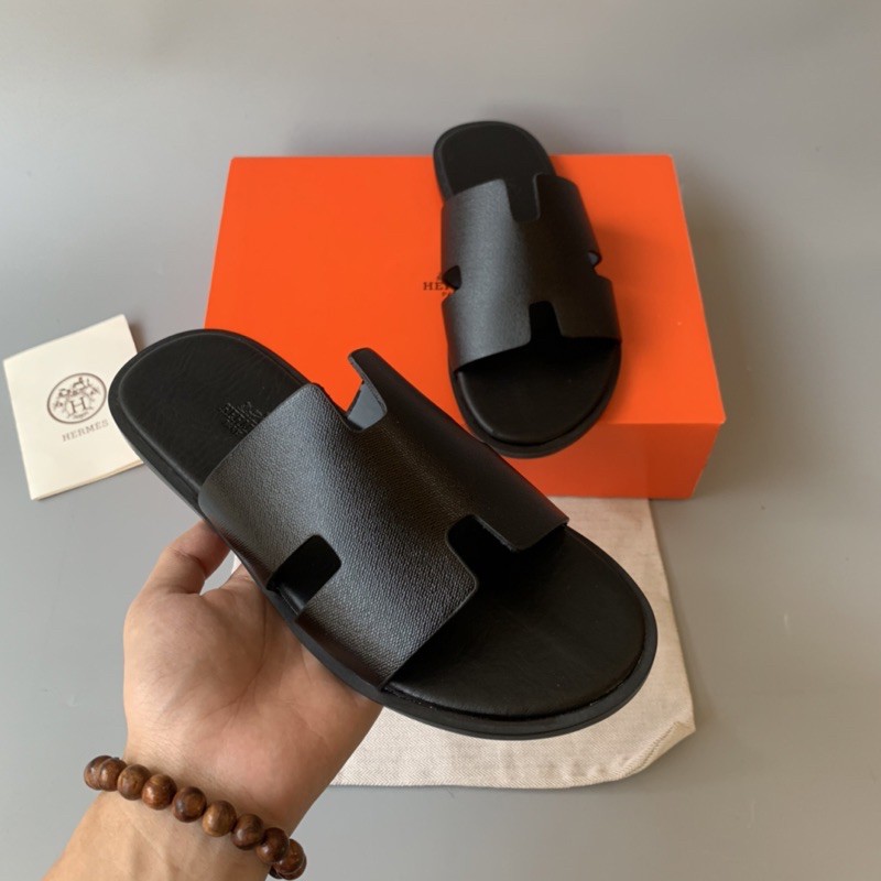 Dép Chữ H Quai Ngang Da Bò Mềm In Logo HM, Dép Hermes Nam Bản Quai Đen Mặt Đế Màu Cam