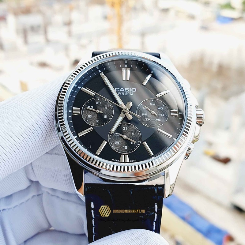 Đồng hồ Nam Casio MTP-1375L-1A, đồng hồ chính hãng, dây da đen mặt đen