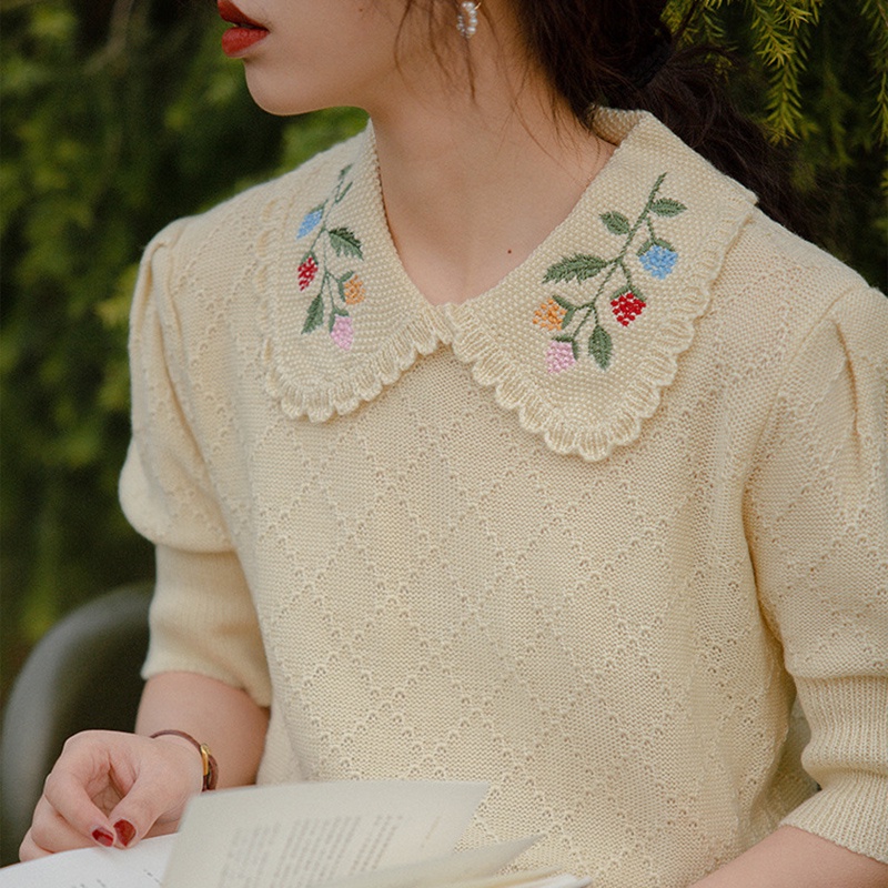 Áo dệt kim mỏng Ielgy cổ búp bê phong cách Pháp thời trang mùa hè dành cho nữ