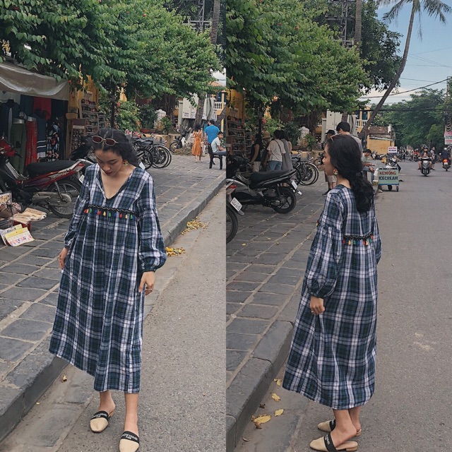 Đầm thêu kẻ xanh