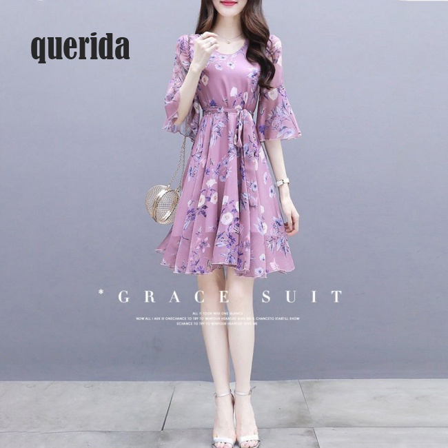 Đầm voan hoa eo ôm dài vừa phải phong cách nhẹ nhàng thời trang cho nữ