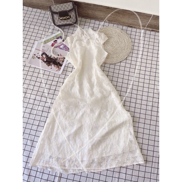 Đầm nữ trắng cổ tàu vải ren in hoa nổi cực đẹp form chuẩn cực tôn dáng | BigBuy360 - bigbuy360.vn