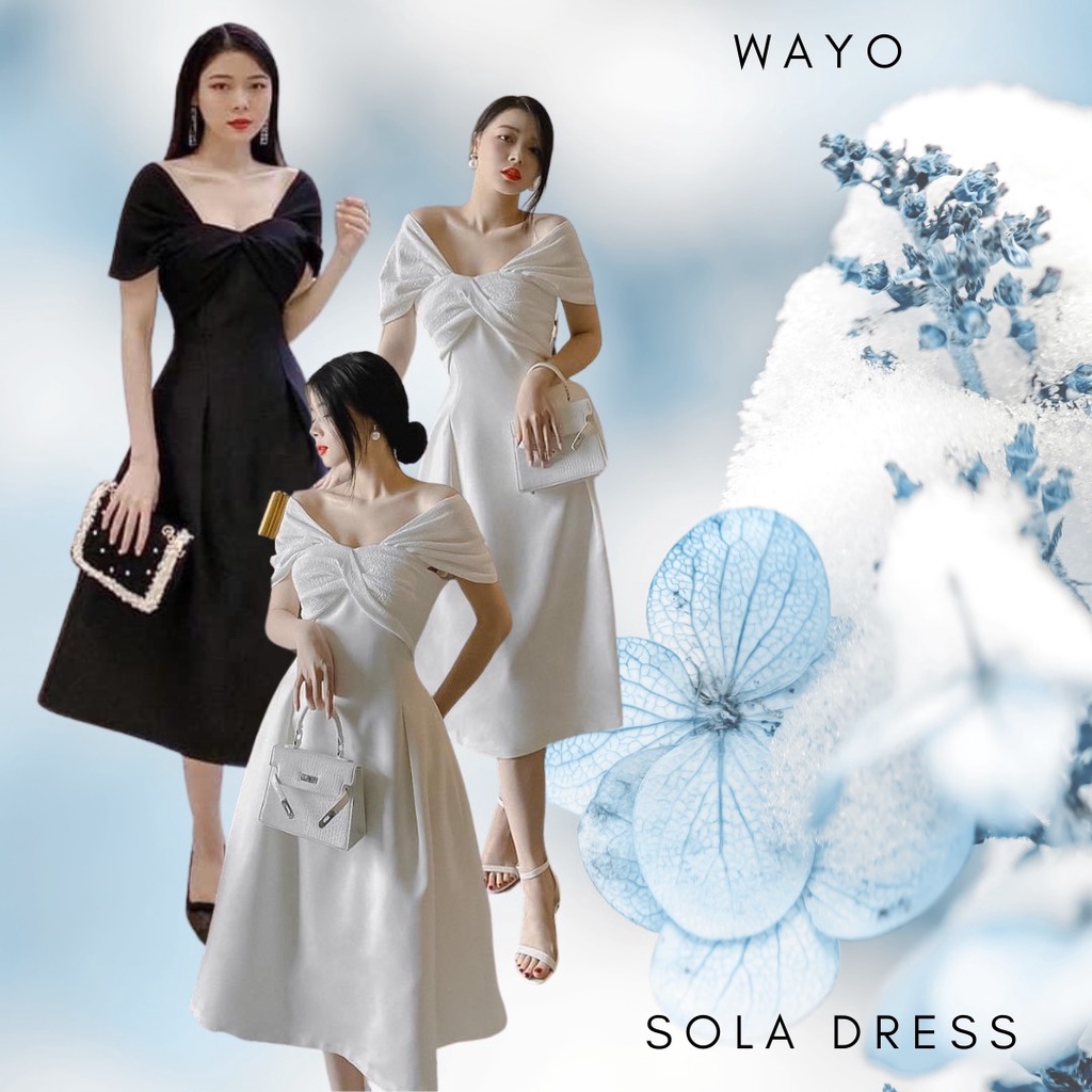 Đầm WAYO dự tiệc bẹt vai phi xoắn nơ 2 màu đen trắng