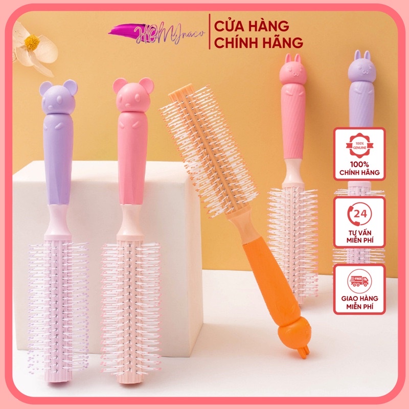 Lược tròn chải tóc tạo kiểu - Lược cuốn lô có gai massage cán hình thú màu pastel