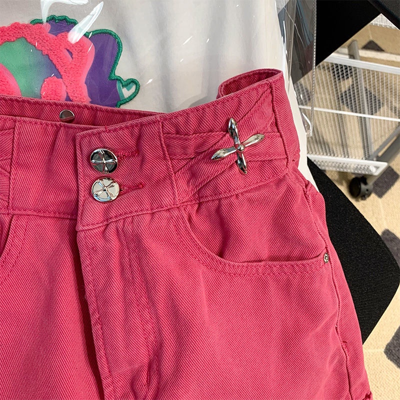 Quần Short Jean Ống Rộng Màu Đỏ Hồng Thời Trang Mùa Hè Phong Cách Mới 2023