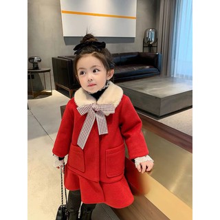 Áo dạ đỏ cổ lông trắng cho bé gái