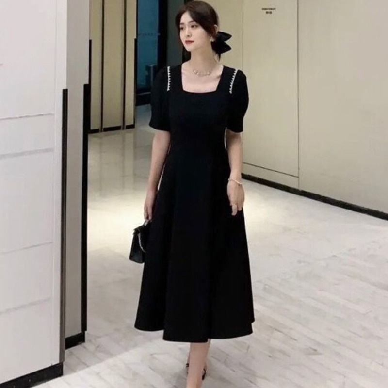 Đầm chữ A RENJIANVSHENG 153011 tay ngắn kiểu Hepburn dài qua gối cổ vuông cỡ lớn thiết kế thanh lịch thời trang cho nữ