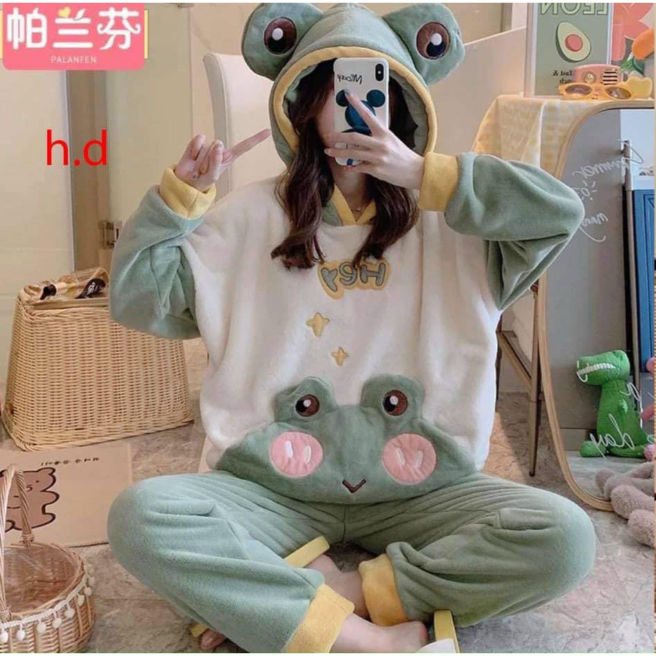 Bộ Ngủ Lông Mặt Gấu Dài Tay Dáng Rộng ,đồ ngủ tai gấu có mũ ,họa tiết xinh xắn ,chất dày ấm áp phù hợp cho mùa đông này