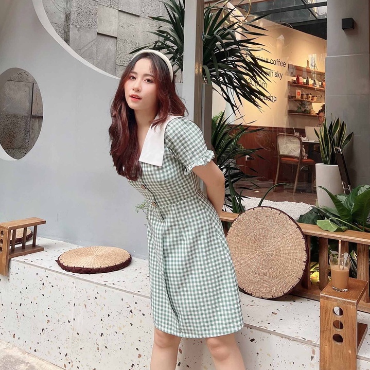 Đầm nữ caro công sở thiết kế xinh cổ v xòe tay ngắn thanh lịch trẻ trung xanh lá thời trang đi làm đi chơi – Lux W
