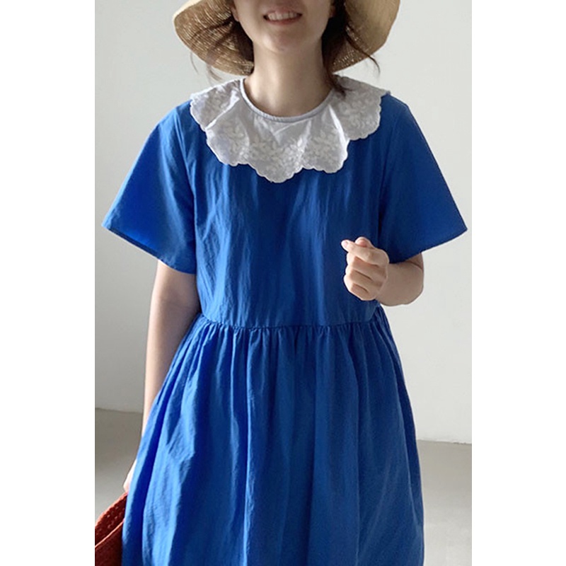 Váy cộc tay xòe dài babydoll màu xanh coban nổi bật, cổ trắng style vintage nhẹ nhàng Hàn Quốc