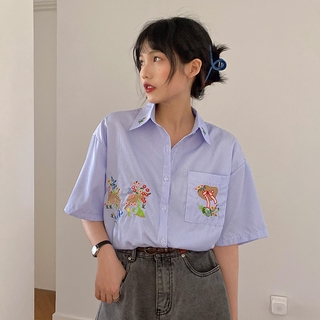 Áo Sơ Mi Nữ Tay Ngắn Kẻ Sọc Thêu Hoa Thời Trang 43417