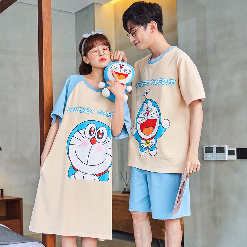 Bộ Đồ Ngủ Tay Ngắn Chất Liệu Cotton Mỏng In Hình Doraemon Thời Trang Mùa Hè Cho Cặp Đôi