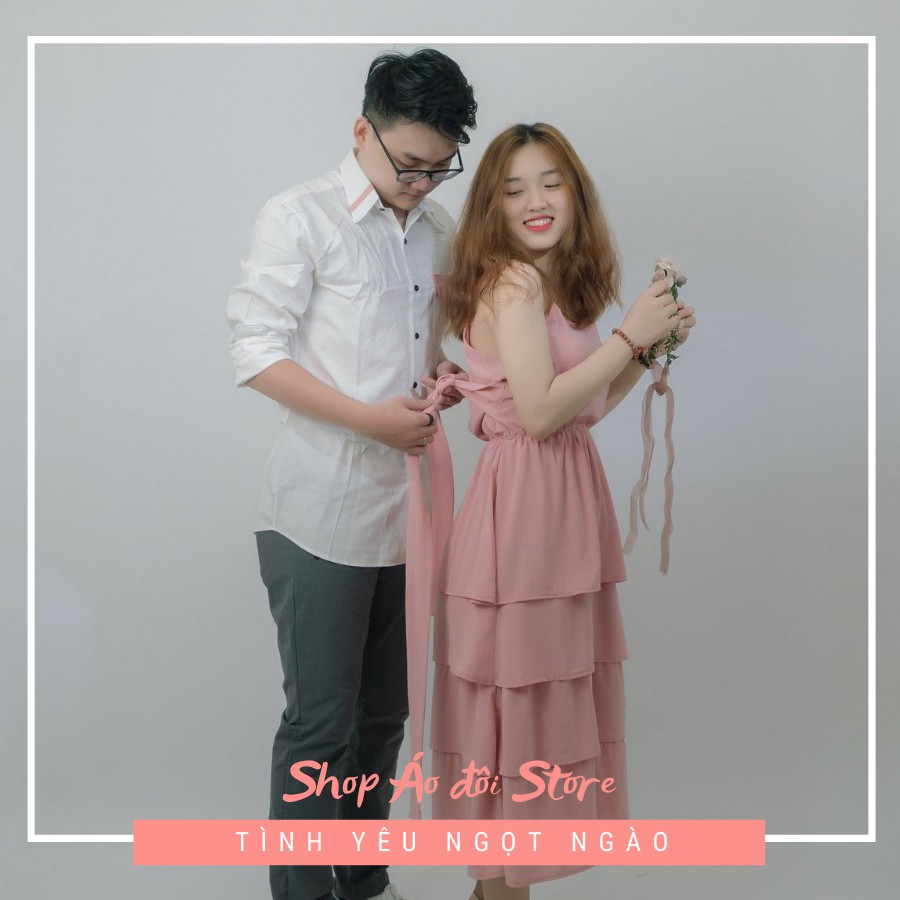 Bộ áo váy sơ mi cặp cao cấp, đồ đôi nam nữ dễ thương, chất đẹp để chụp hình cưới, đi du lịch