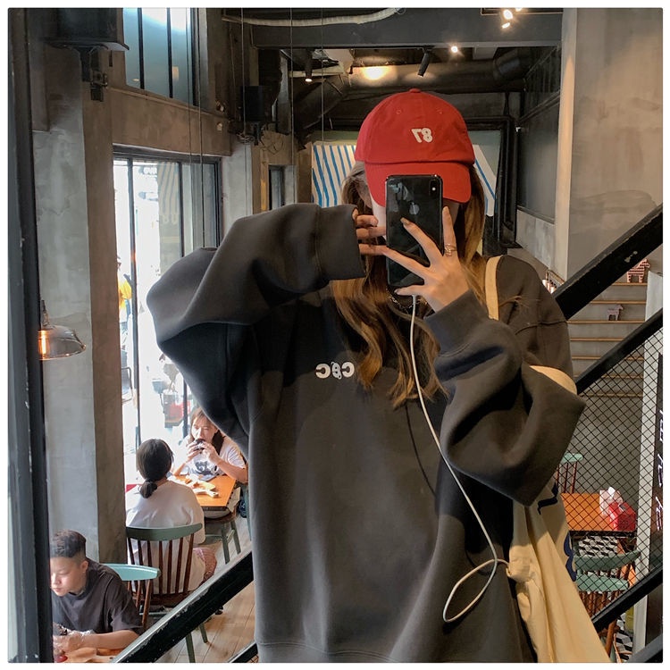 COZOK Áo sweater cổ tròn dáng rộng in chữ đơn giản phong cách Hàn Quốc thời trang
