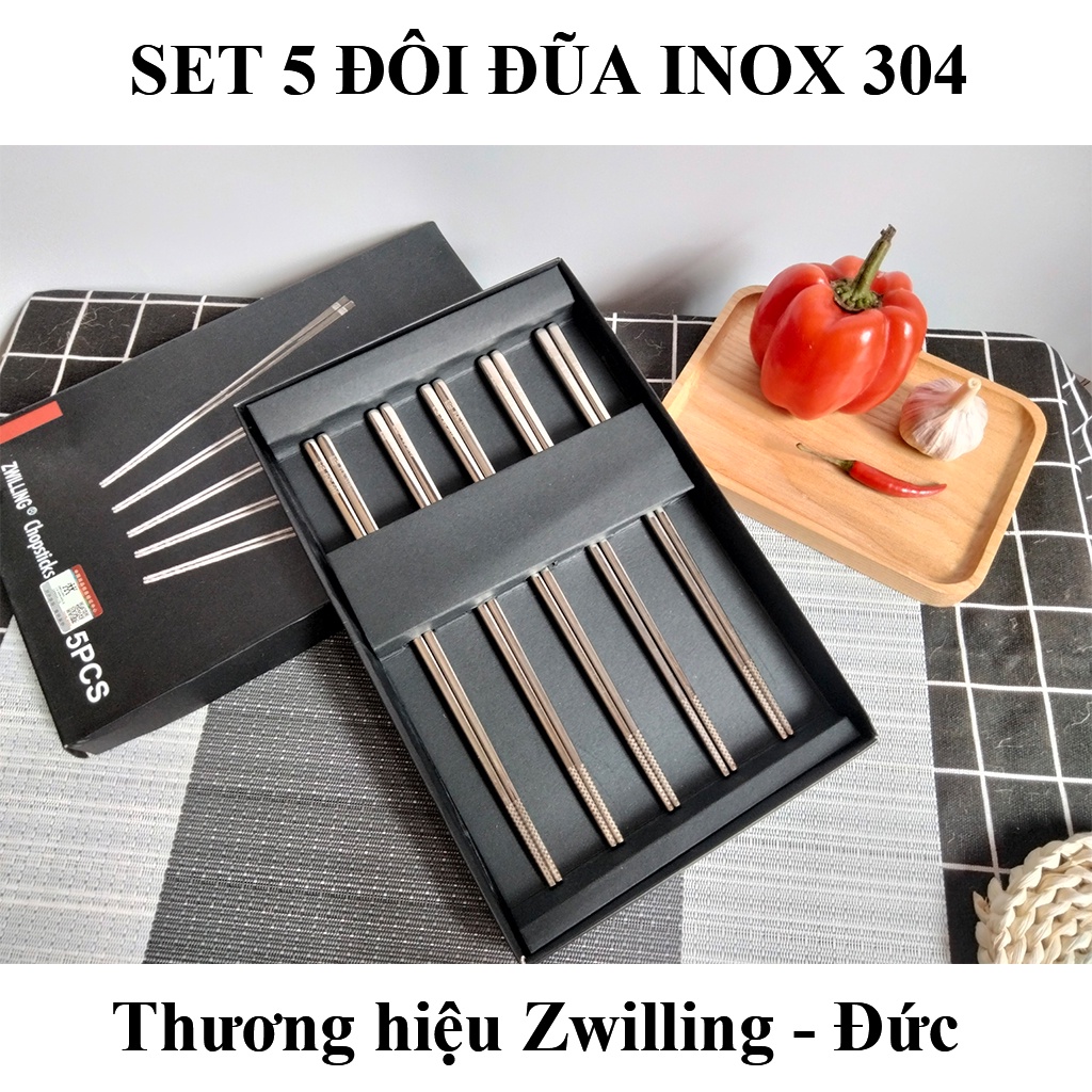 Combo 5 đôi đũa và 5 chiếc thìa inox 304 - Zwilling chính hãng - kháng khuẩn, bền đẹp nhập khẩu chính hãng từ Đức