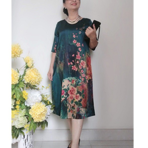 👗Size 48Kg- 90Kg👗 Váy Đầm Trung Niên form Suông A Che Bụng - Lụa Thượng Uyển Sang trọng đầm xinh giá tốt