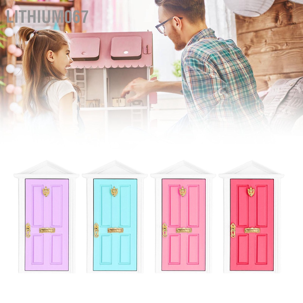 Lithium067 Cửa gỗ nhỏ Màu sắc tươi sáng Chi tiết sống động Mịn hơn Cạnh nhà búp bê Nhà thu Cánh cửa cổ tích cho 1:12 Quà tặng