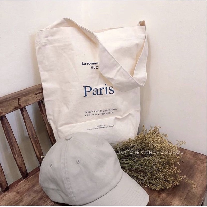 Túi Tote Vải Canvas Đeo Vai Phong Cách Hàn Quốc Chữ Paris