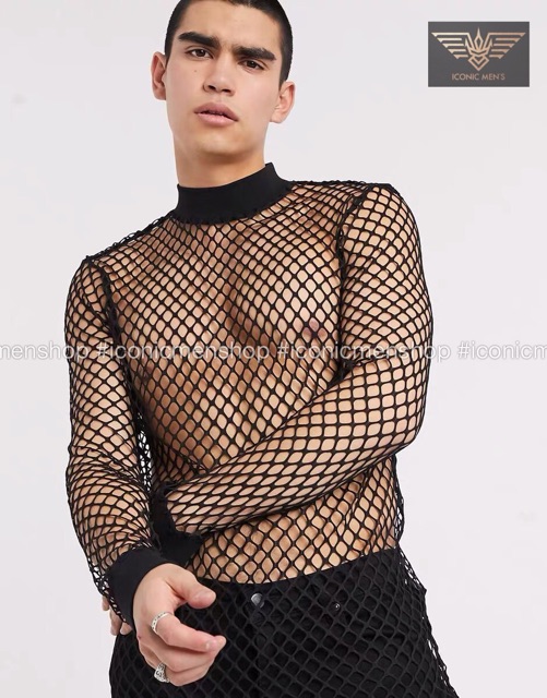 Áo lưới nam body dài tay lưới mắt to