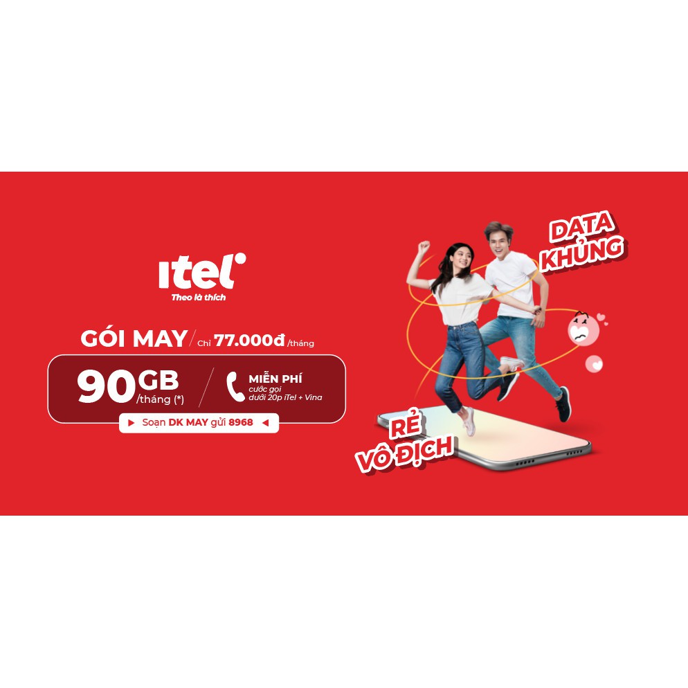 Sim Itelecom 3GB/ ngày + đăng ký được gói MAY 77 90GB/tháng gọi miễn phí (Itel và Vinaphone dưới 20 phút)