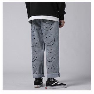 [Hàng Có Sẵn] Quần Jean Hoạ Tiết In Mặt Cười Phong Cách Hiphop Dáng Suông Ống Đứng Rộng