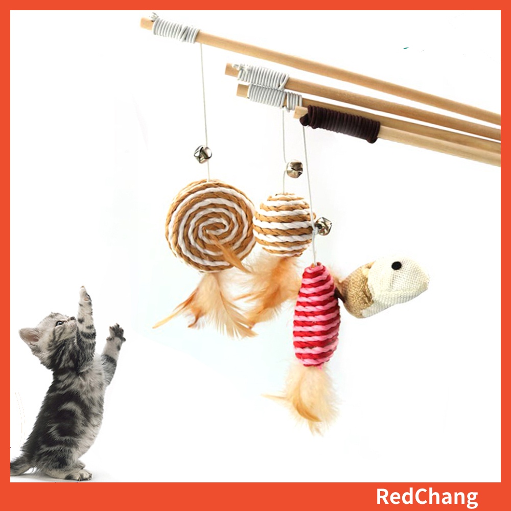 Gậy Đồ Chơi Bằng Gỗ Gắn Kèm Quả Cầu Lông Vũ Dành Cho Mèo Cưng