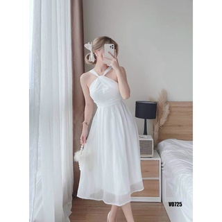 Váy đầm dự tiệc sang trọng màu trắng cổ yếm dáng dài có mút, váy đi bàn cô dâu màu trắng dàng dài, váy chụp kỉ yếu