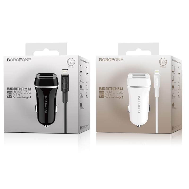 Tẩu sạc xe hơi 2 cổng tặng dây cáp ĐT táo,type c,micro tùy chọn 1m Borofone BZ2