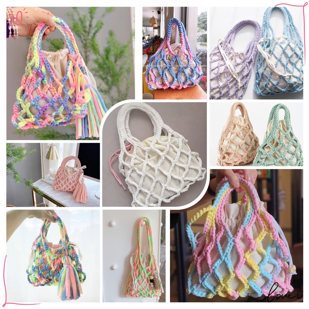 Túi Lưới Dây Rút Đeo Đi Biển - Crochet Net Bag - Nhận đan móc theo yêu cầu/Đơn cần gấp