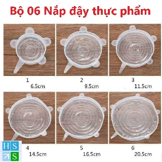 Bộ 6 nắp đậy thực phẩm silicon mềm dẻo đa năng, an toàn vệ sinh