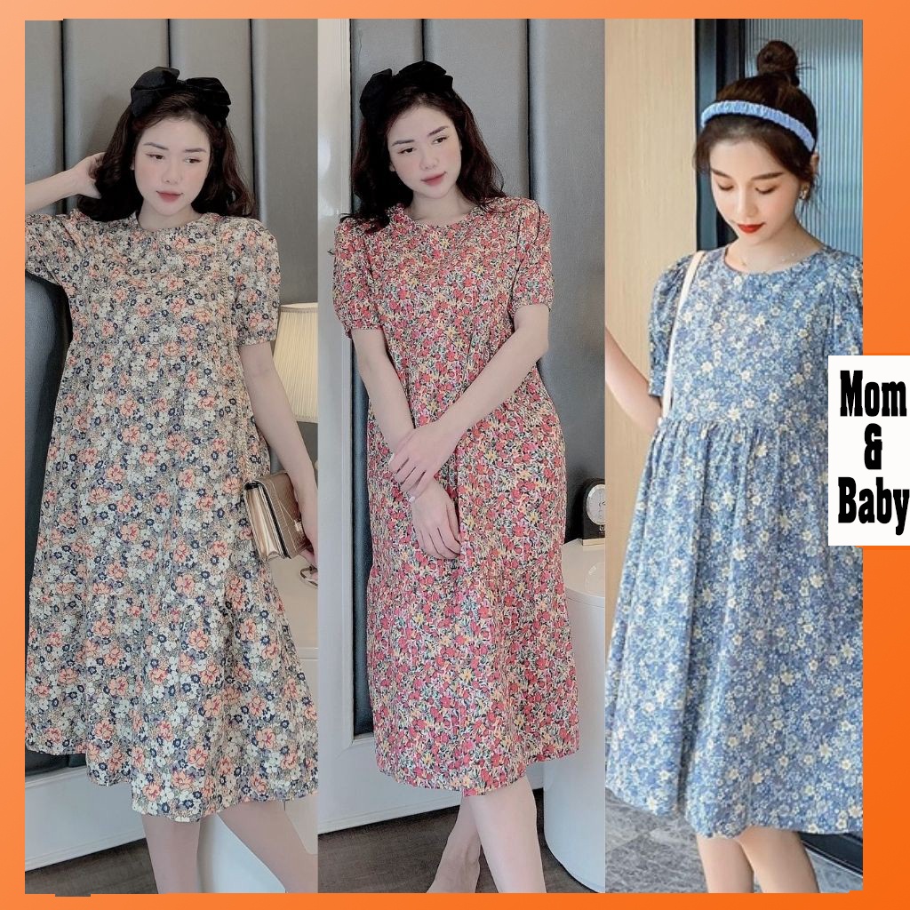 Váy bầu thời trang thiết kế hoa nhí chất Lụa Hoa freesize từ 45 đến 70kg
