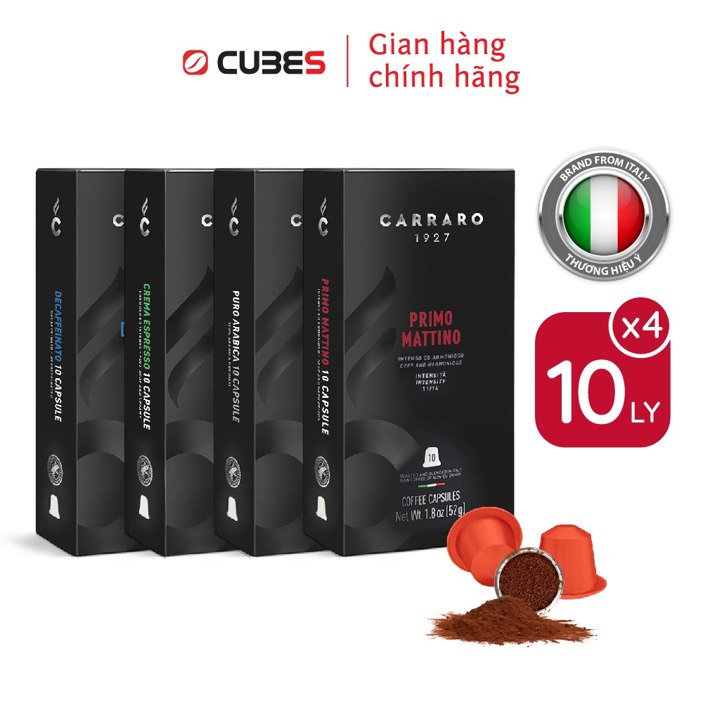 Combo 04 hộp Cà phê viên nén Carraro - Nhập khẩu chính hãng 100% từ Carraro, Ý - Tương thích với máy capsule Nespresso