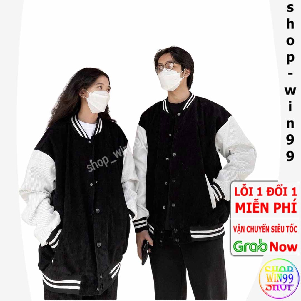 Áo Khoác Bomber Nam Nữ form rộng chống nắng, áo gió nhung tăm cúc bấm bo dệt phối sọc thời trang unisex