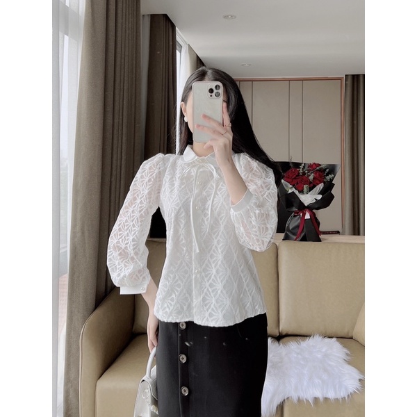 Áo sơ mi ren lông cổ nơ