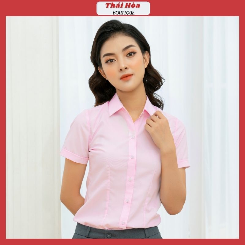 Áo sơ mi nữ tay ngắn hồng đẹp kiểu công sở bigisize cotton Thái Hoà N047-03-01