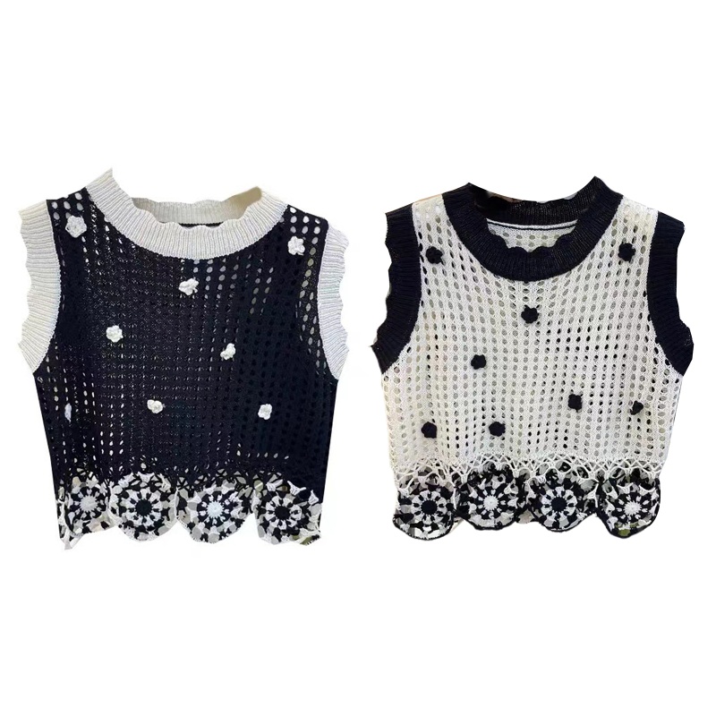 Áo Len Không Tay Cổ Tròn Dáng Rộng Họa Tiết Hoa Màu Sắc Tương Phản Thời Trang Cho Nữ