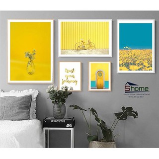 Bộ 5 tranh thiên nhiên cánh đồng hoa xe đạp vàng chữ hiện đại
