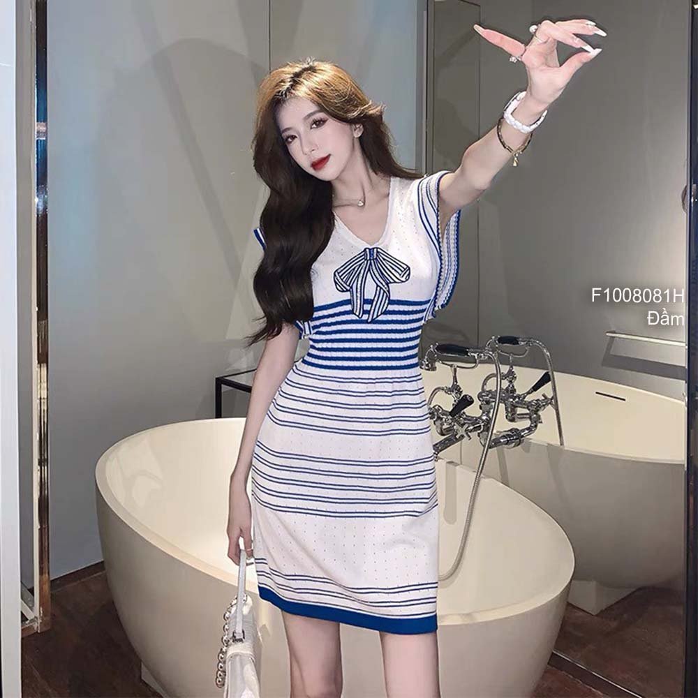 Đầm body kiểu phối họa tiết kẻ sọc cổ tim thêu nơ ngực! (kèm hình thật)