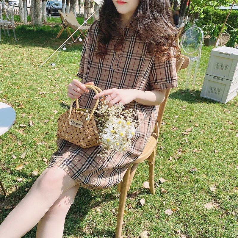 Váy cotton nữ mùa hè nhỏ phong cách hàn quốc mùa hè giản dị đi làm tính khí váy sơ mi kẻ sọc mỏng