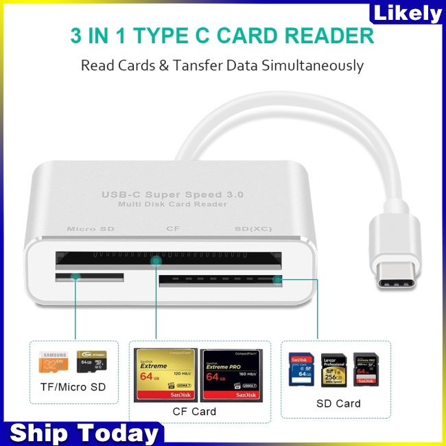 Đầu Đọc Thẻ Nhớ Chuyển Đổi 3 Trong 1 USB Type C Sang CF SD TF Cho Macbook Pro Air 2018