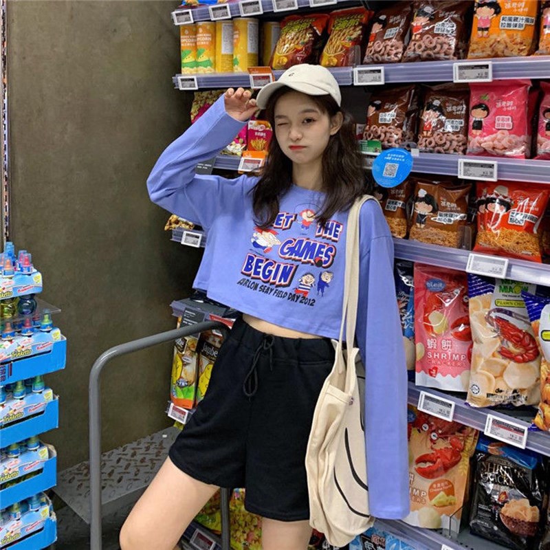 Áo Thun Croptop Tay Dài Kiểu Hàn Quốc 2 Màu Lựa Chọn Cho Nữ