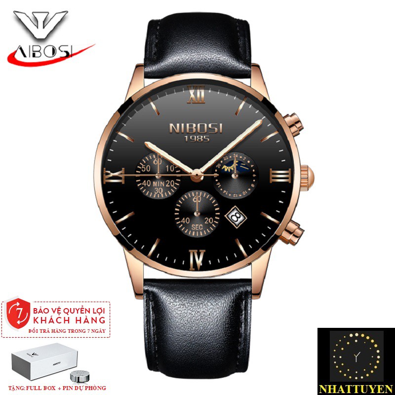ĐỒNG HỒ NAM NIBOSI 2325 ( 1985) - DÂY DA CAO CẤP CHẠY FULL 6 KIM, NAM TÍNH, CUỐN HÚT - HÀNG CHÍNH HÃNG [FULLBOX]