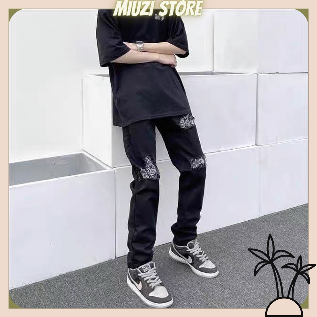 Quần jean nam rách gối họa tiết bandana,quần jean đen miuzi DT028
