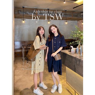 Váy sơ mi chỉ nổi tay lỡ chất thô đũi, đầm sơ mi ulzzang (Ảnh thật)