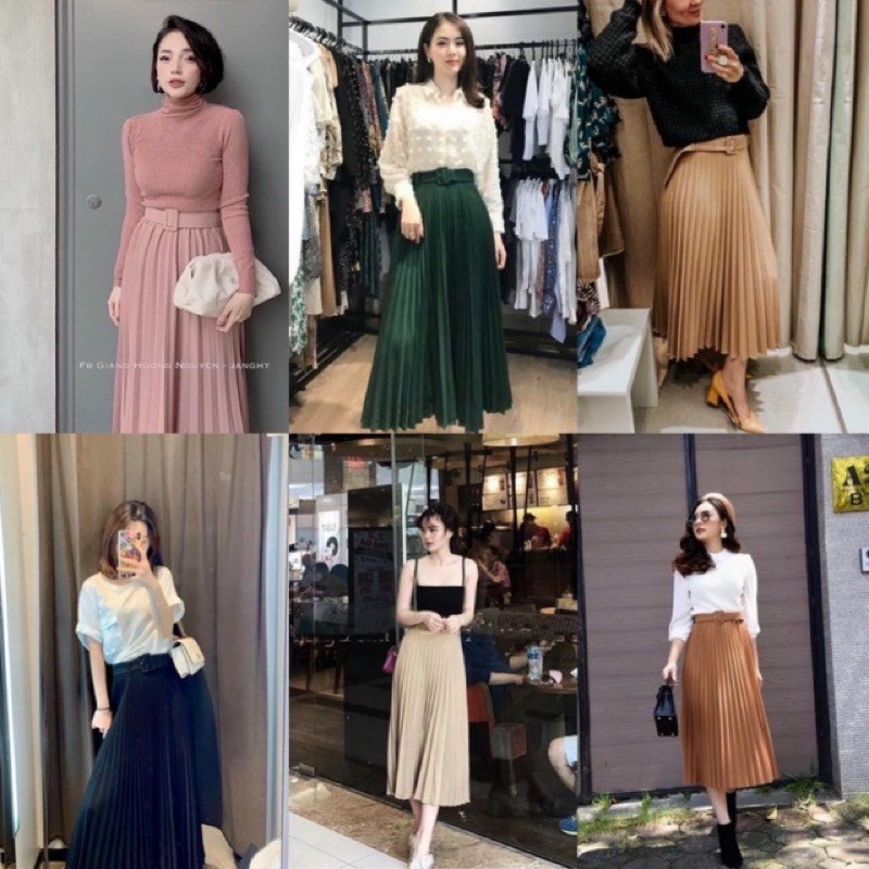 Chân váy xếp ly dáng dài kèm đai lỗ b100