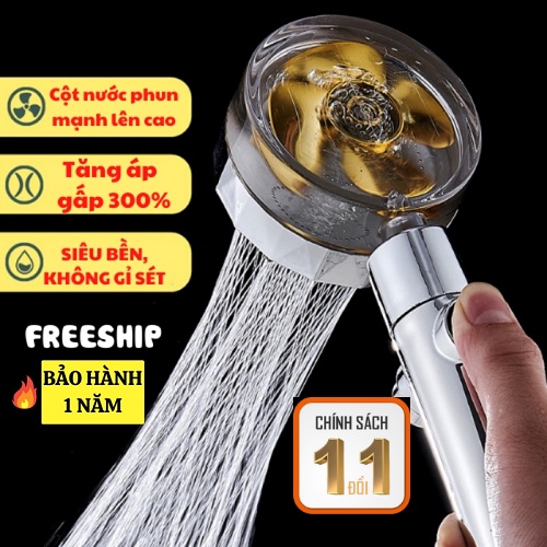 Vòi Sen Tăng Áp Cánh Quạt Turbo Xoay 360 Độ, Tay Sen Tắm Vòi Hoa Sen Tay Cầm Có Nút Nhấn Tắt nước