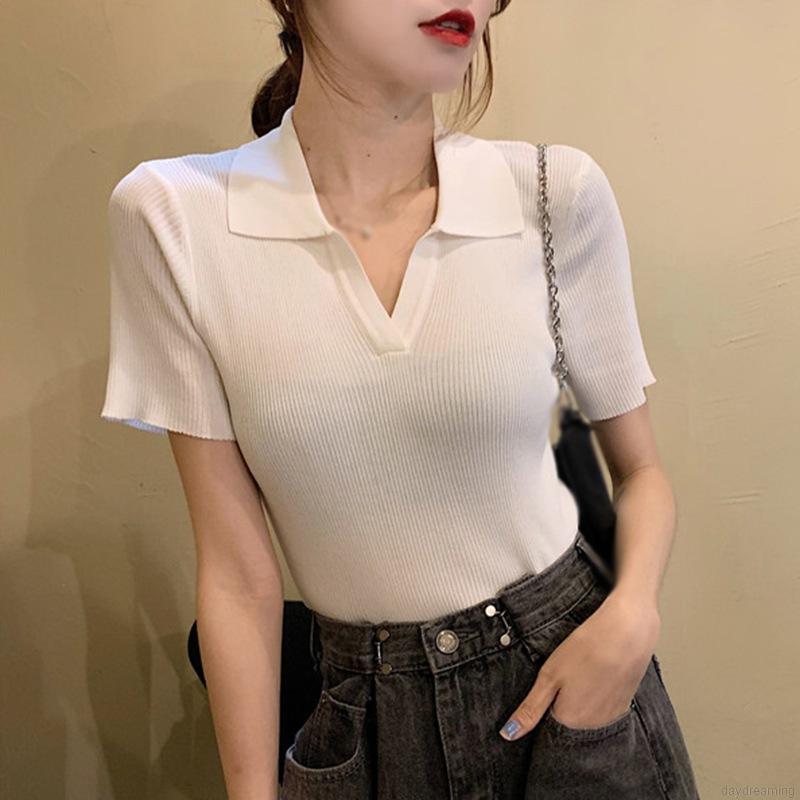 Áo Phông Áo Croptop Áo Thun Dệt Kim Tay Ngắn Cổ Chữ V Màu Trơn Thanh Lịch